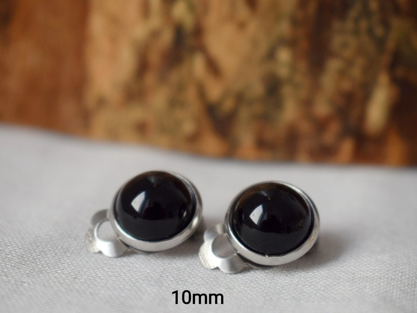 Black small clip on earrings, Black agate earrings silver, Gemstone ear clips, Stone, Stainless steel, Cabochon, non pierced earrings unisex