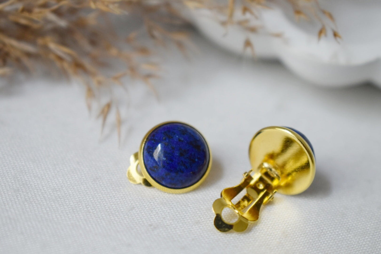 Gold plated clip on earrings lapis lazuli, Clip on earrings blue gemstone, Stainless steel, Round ear clips for women, Non pierced earrings