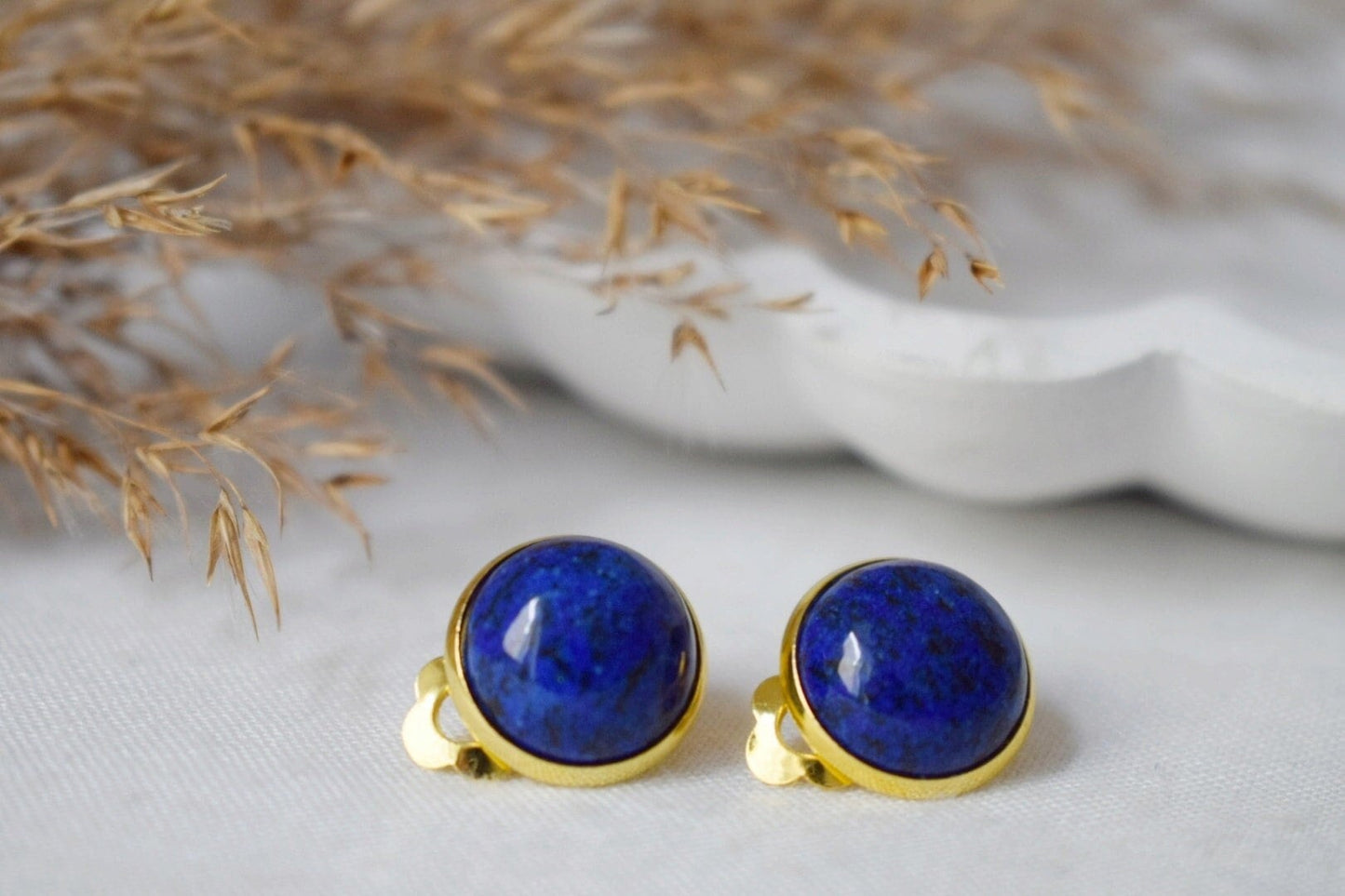 Gold plated clip on earrings lapis lazuli, Clip on earrings blue gemstone, Stainless steel, Round ear clips for women, Non pierced earrings
