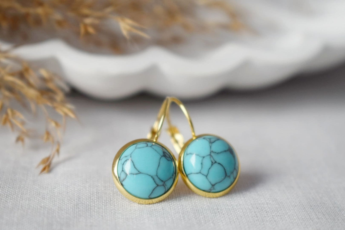 Turquoise earrings dangle, 18k gold plated stainless steel earrings, Round gemstone, Lightweight, Boho handmade jewelry, Gift For Her