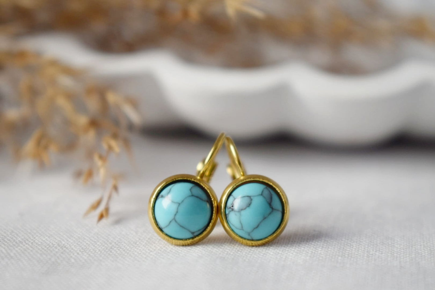 Turquoise earrings dangle, 18k gold plated stainless steel earrings, Round gemstone, Lightweight, Boho handmade jewelry, Gift For Her