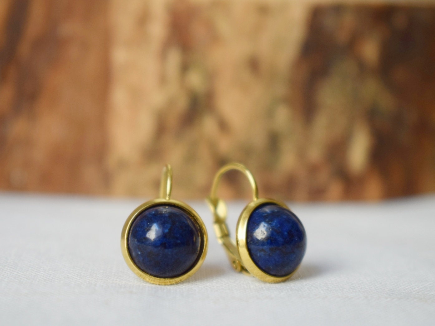Lapis Lazuli Gold Earrings Dangle, Blue Lapis Earrings, Lever back earrings, Round, 12mm, September Birthstone Jewelry, Lapis, Gift for her