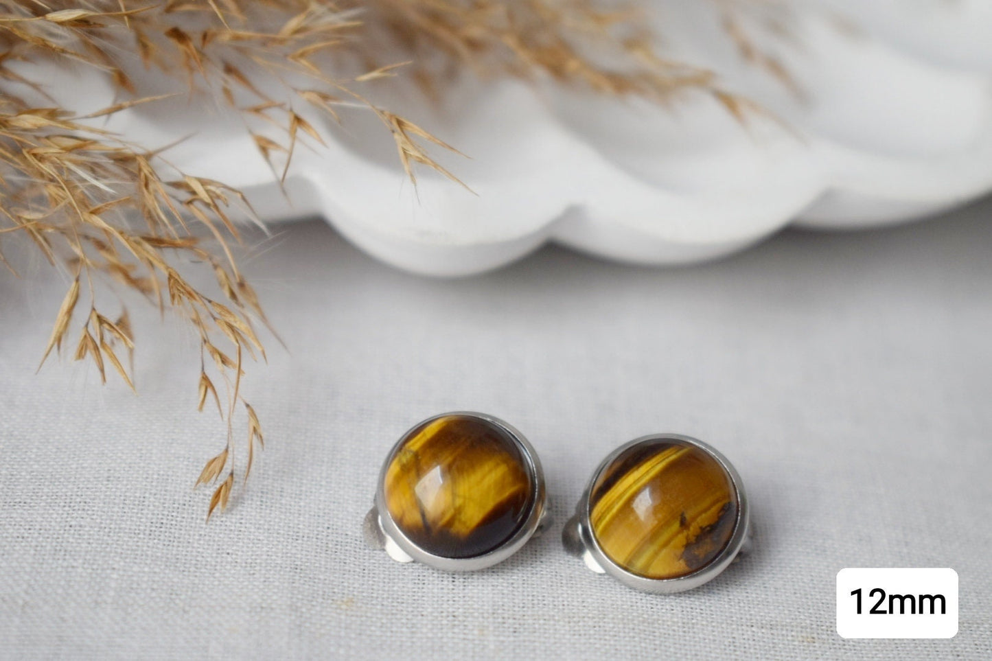 Small tiger eye clip on earrings, Gemstone ear clips, Natural Stone No hole earrings, Non pierced earrings, Tiger's eye jewelry women
