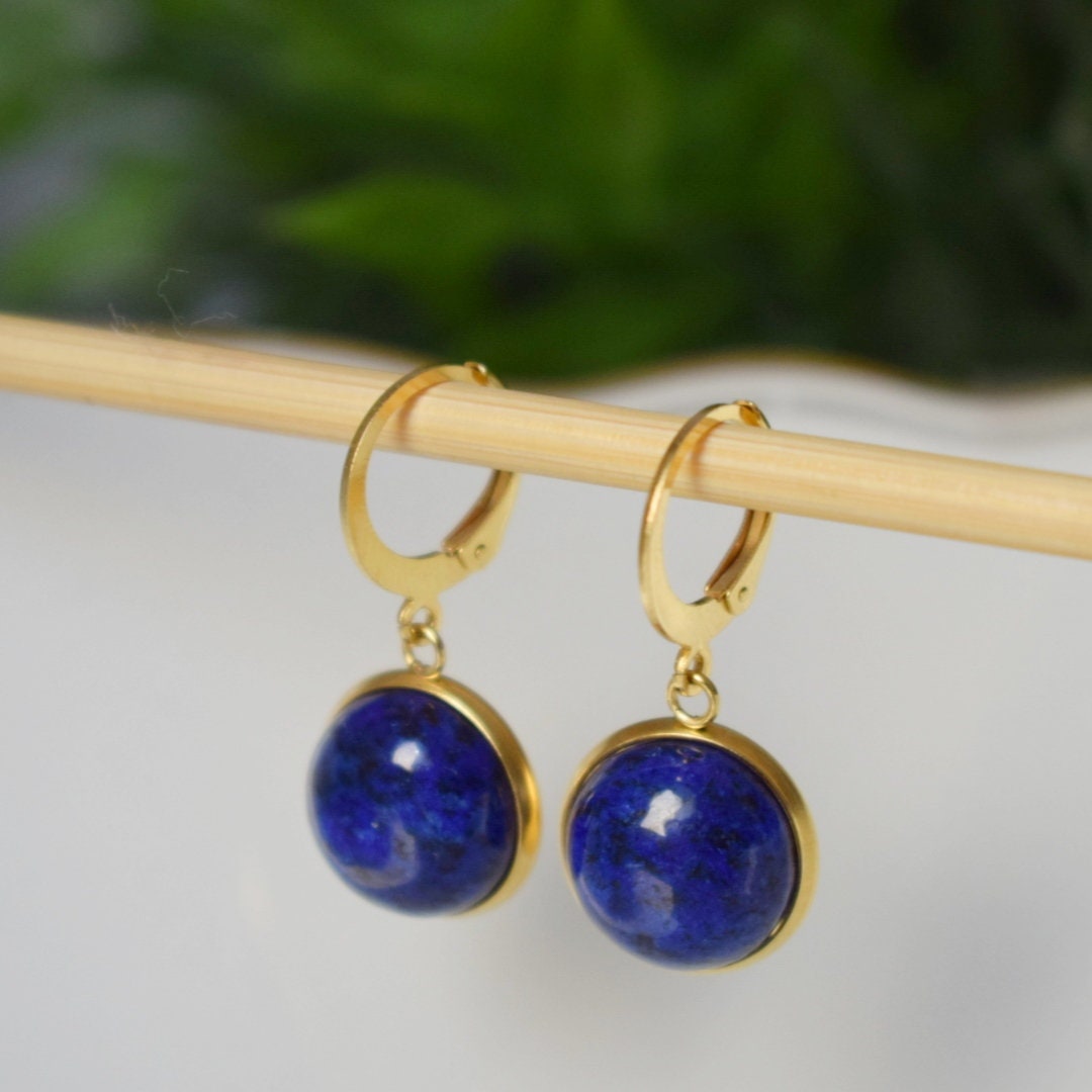 Lapis Lazuli Earrings Dangle, Huggie Blue Lapis Hanging Earrings, 24k Gold Plated, Round, 12mm, September Birthstone Jewelry, Gift for her