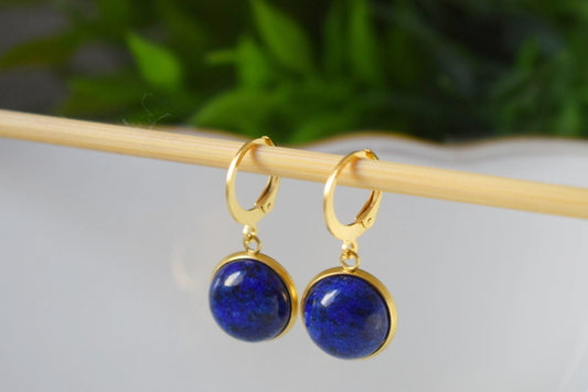 Lapis Lazuli Earrings Dangle, Huggie Blue Lapis Hanging Earrings, 24k Gold Plated, Round, 12mm, September Birthstone Jewelry, Gift for her