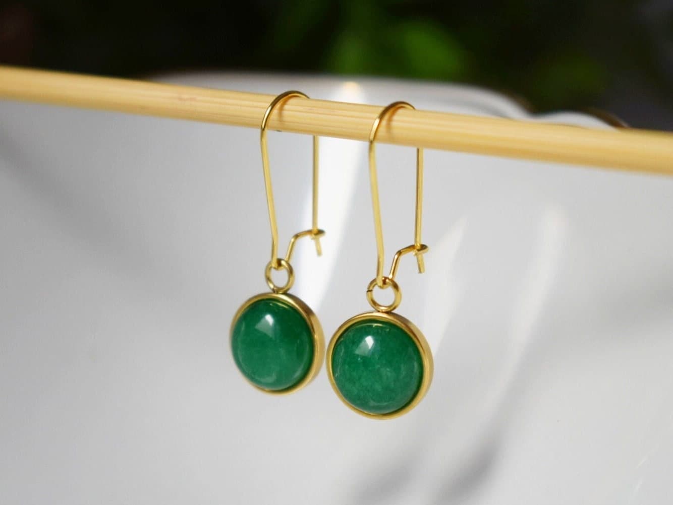 Gold hoop green jade earrings, Green gemstone pendant huggie earrings, Lever back, Green stone hoop earrings, Jade jewelry, Gift women