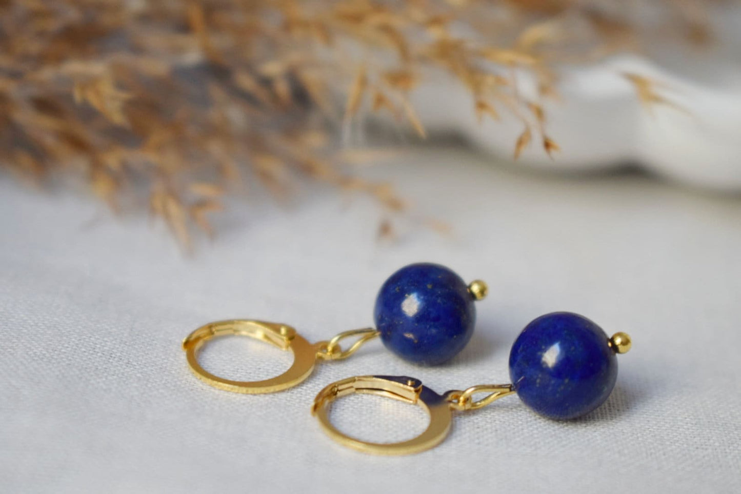 Lapis Lazuli Hoop Earrings, Gemstone Blue Gold Huggies, Blue Lapis, September Birthstone, Hanging Ball Stone Earrings, Jewelry Gift For Her