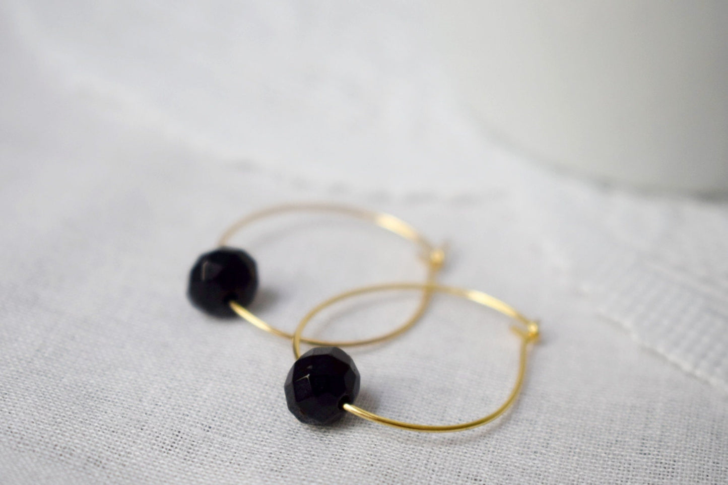 Black jade hoop earrings, 18k gold plated stainless steel, Boho gemstone hoops, Black stone hoop earrings, Minimalist hoops, Jade jewelry