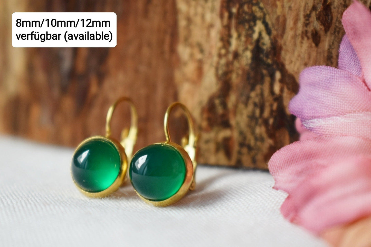 Green agate earrings, Small gemstone dangle earrings, Round 24k gold plated stainless steel pendant huggies, Minimalist jewelry gift for her