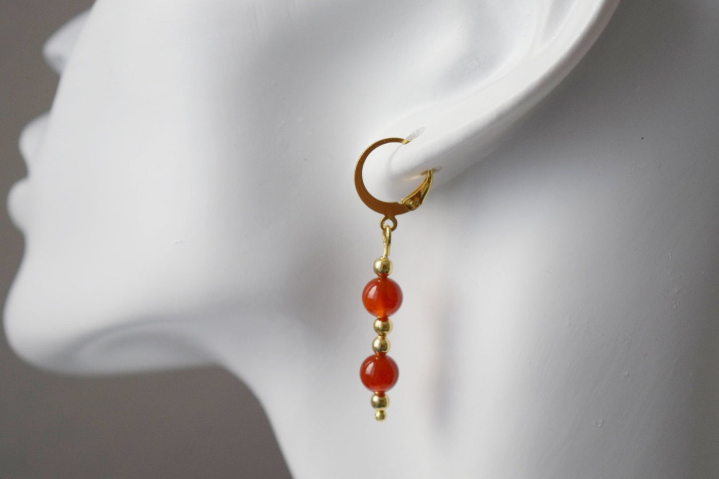 Carnelian Dangle Earrings, Red Orange Carnelian Gemstone Huggie earrings, Gold Plated Stainless Steel Jewelry, Natural Stone, Gift For Her