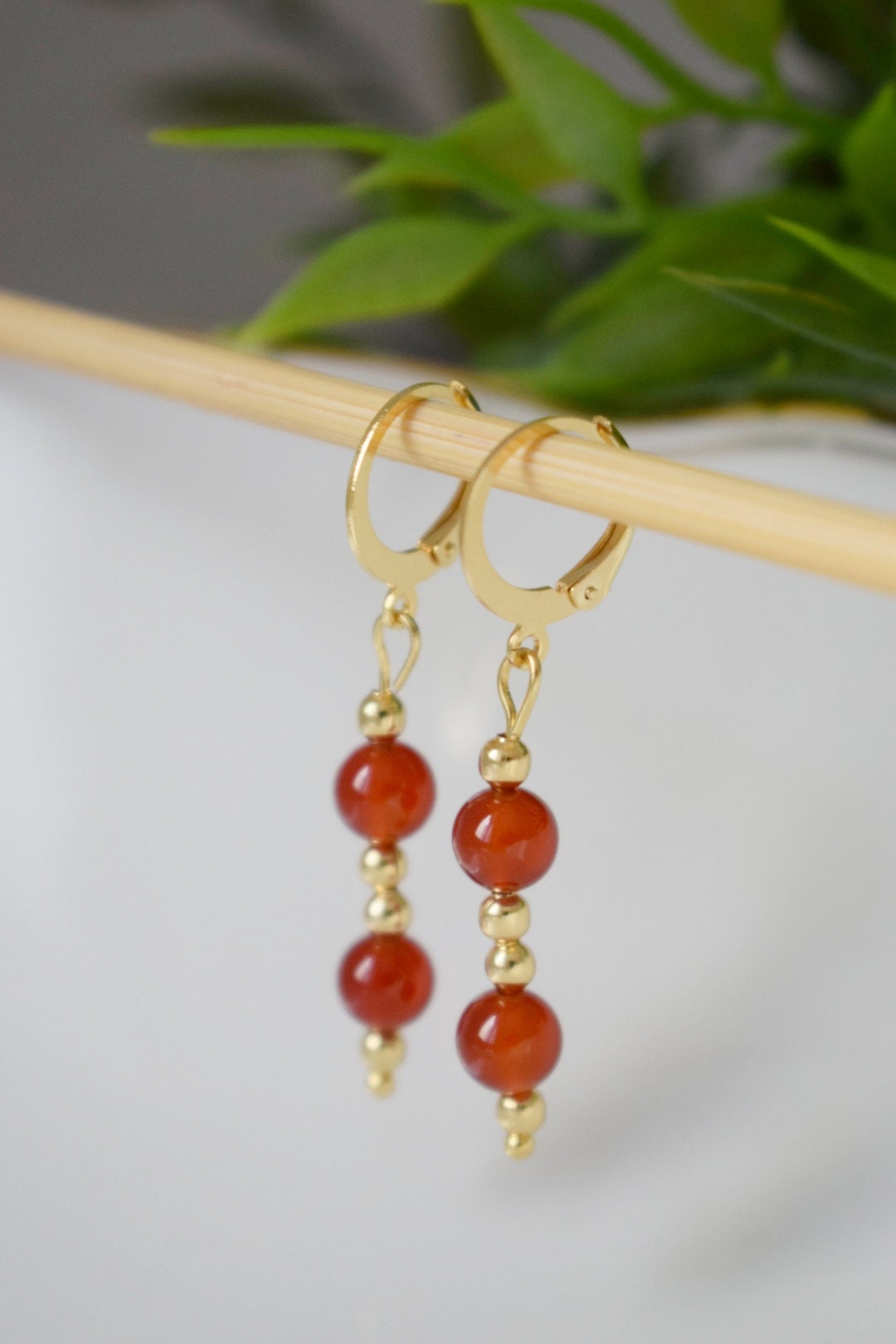 Carnelian Dangle Earrings, Red Orange Carnelian Gemstone Huggie earrings, Gold Plated Stainless Steel Jewelry, Natural Stone, Gift For Her
