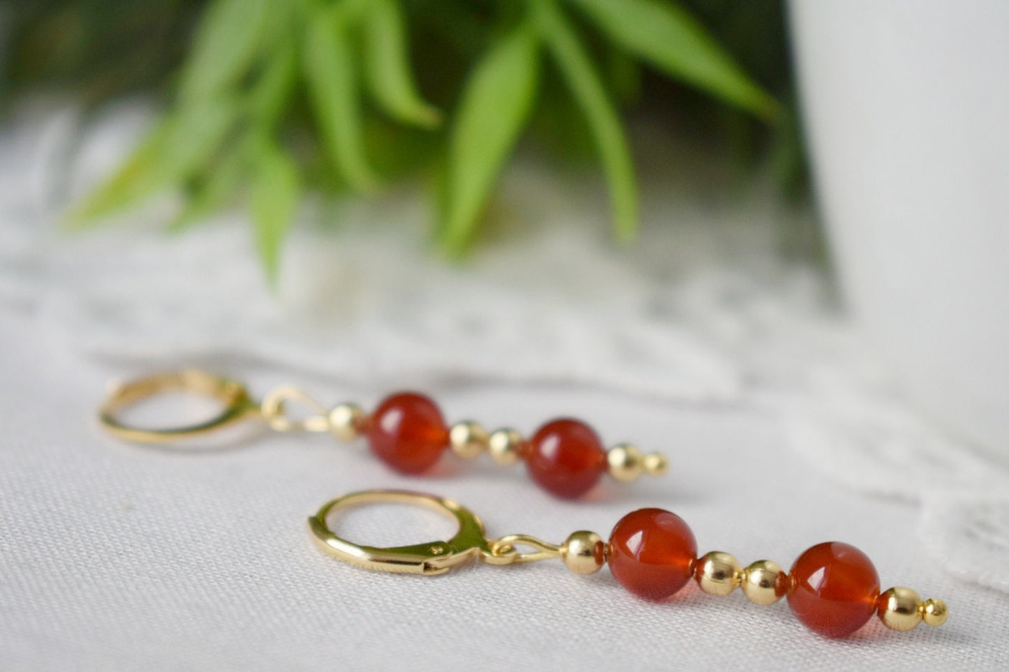 Carnelian Dangle Earrings, Red Orange Carnelian Gemstone Huggie earrings, Gold Plated Stainless Steel Jewelry, Natural Stone, Gift For Her