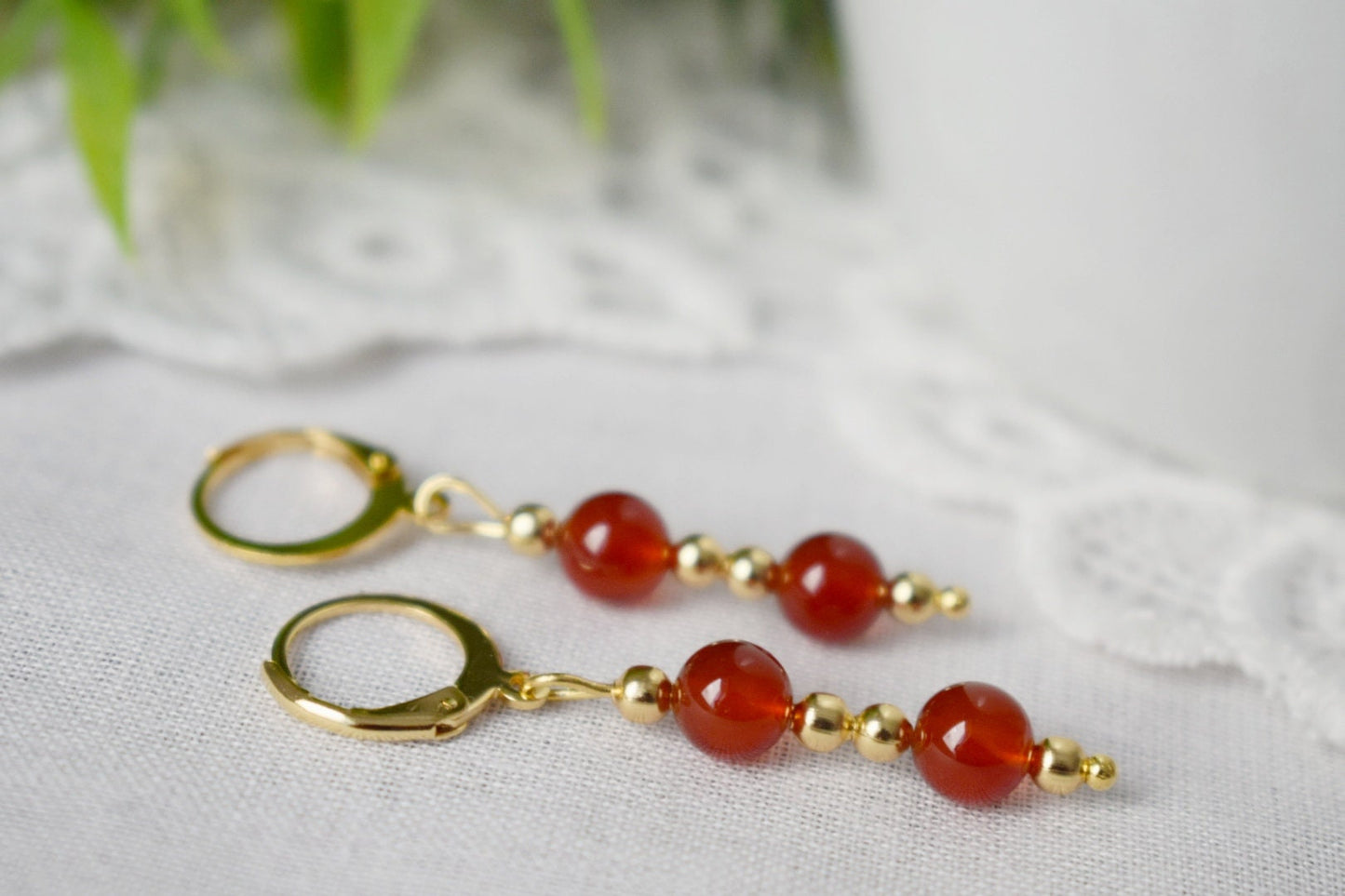 Carnelian Dangle Earrings, Red Orange Carnelian Gemstone Huggie earrings, Gold Plated Stainless Steel Jewelry, Natural Stone, Gift For Her