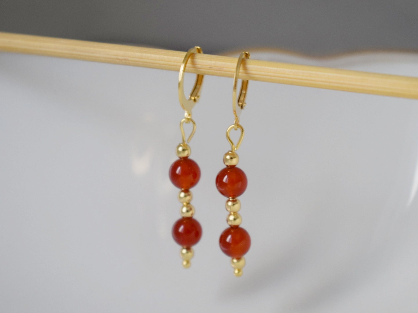 Carnelian Dangle Earrings, Red Orange Carnelian Gemstone Huggie earrings, Gold Plated Stainless Steel Jewelry, Natural Stone, Gift For Her