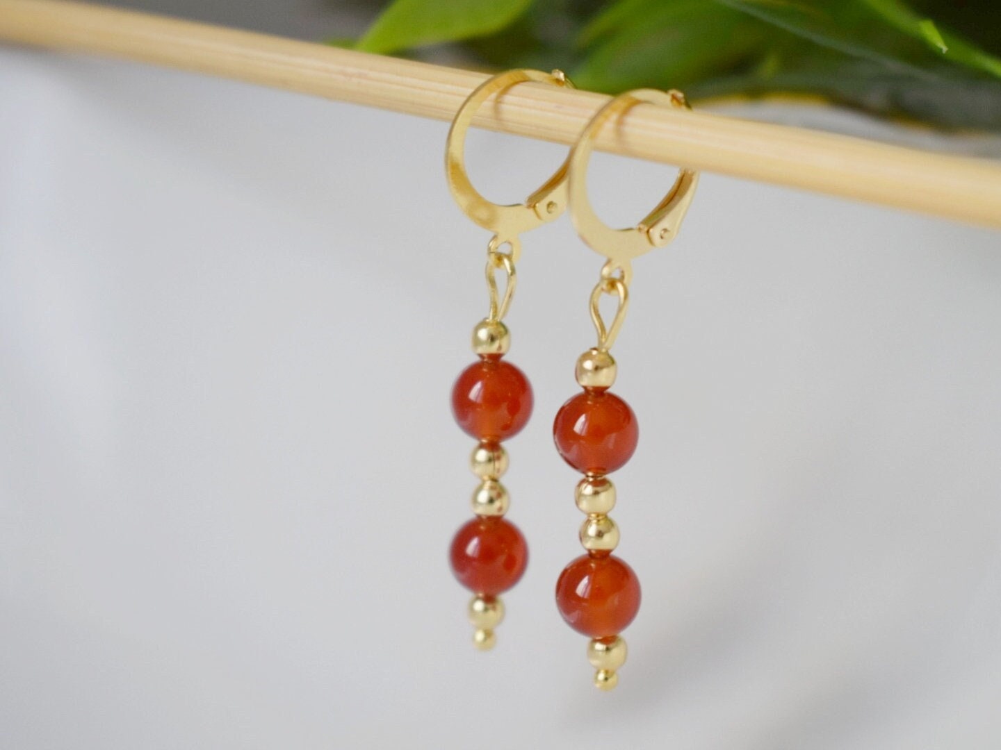 Carnelian Dangle Earrings, Red Orange Carnelian Gemstone Huggie earrings, Gold Plated Stainless Steel Jewelry, Natural Stone, Gift For Her