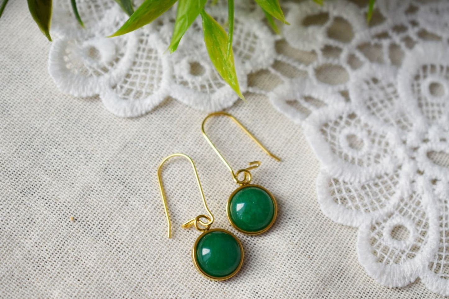 Gold hoop green jade earrings, Green gemstone pendant huggie earrings, Lever back, Green stone hoop earrings, Jade jewelry, Gift women