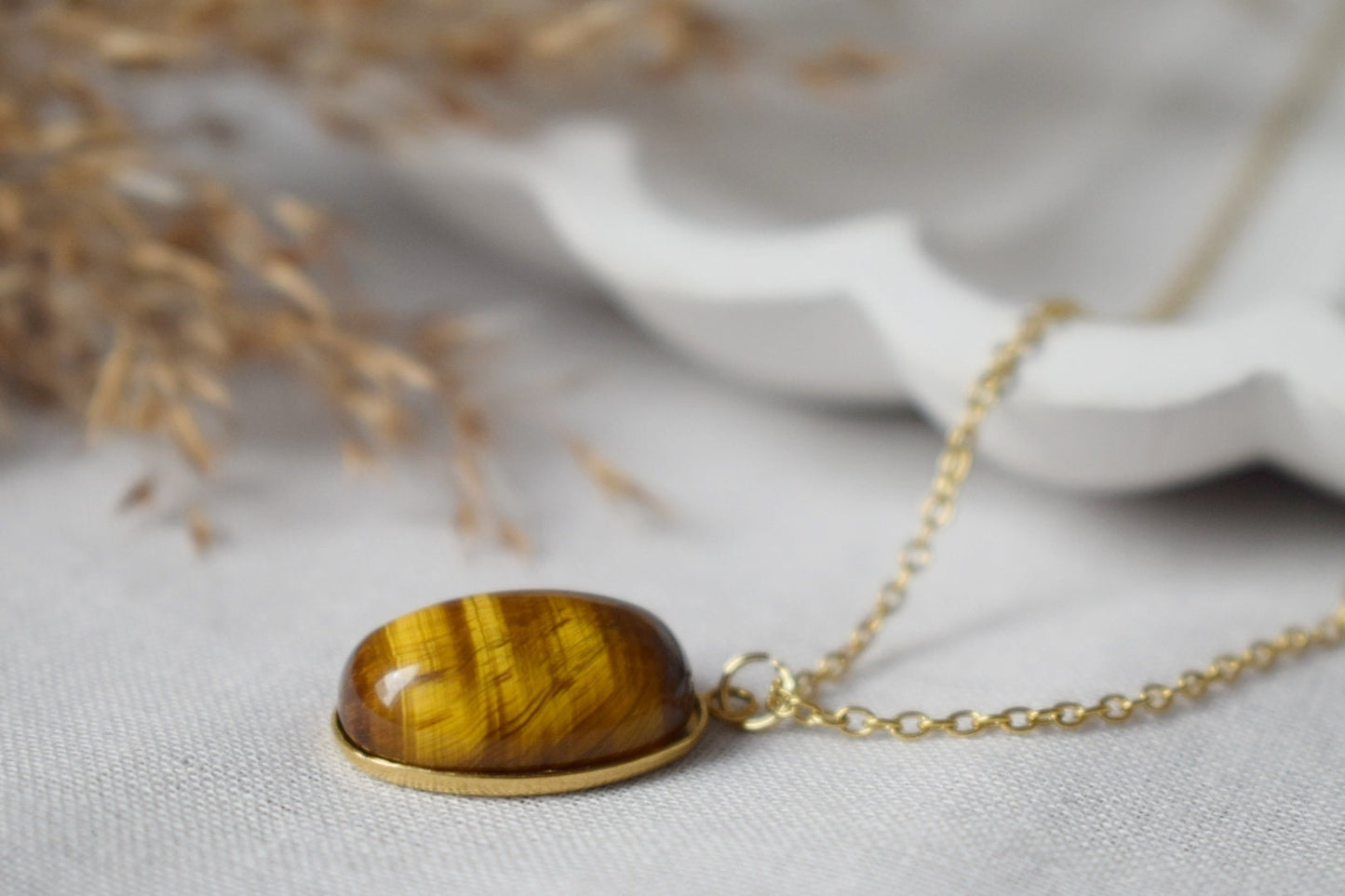 Necklace Oval Tiger Eye Gemstone Pendant, Tigers Eye Gold Plated Stainless Steel Jewelry, Long Brown Gold Birthstone, Christmas Gift For Her