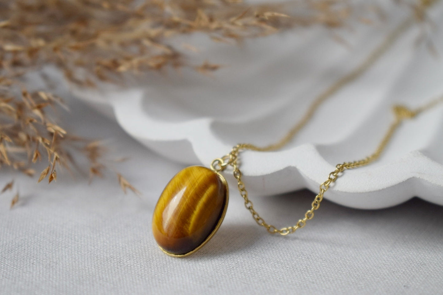 Necklace Oval Tiger Eye Gemstone Pendant, Tigers Eye Gold Plated Stainless Steel Jewelry, Long Brown Gold Birthstone, Christmas Gift For Her