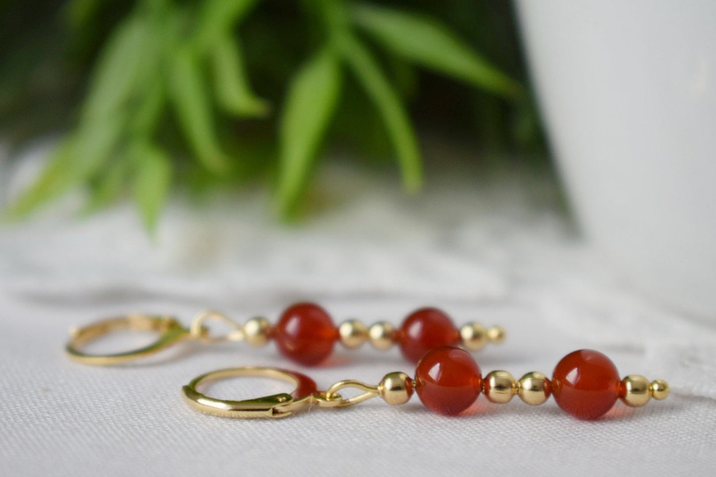Carnelian Dangle Earrings, Red Orange Carnelian Gemstone Huggie earrings, Gold Plated Stainless Steel Jewelry, Natural Stone, Gift For Her