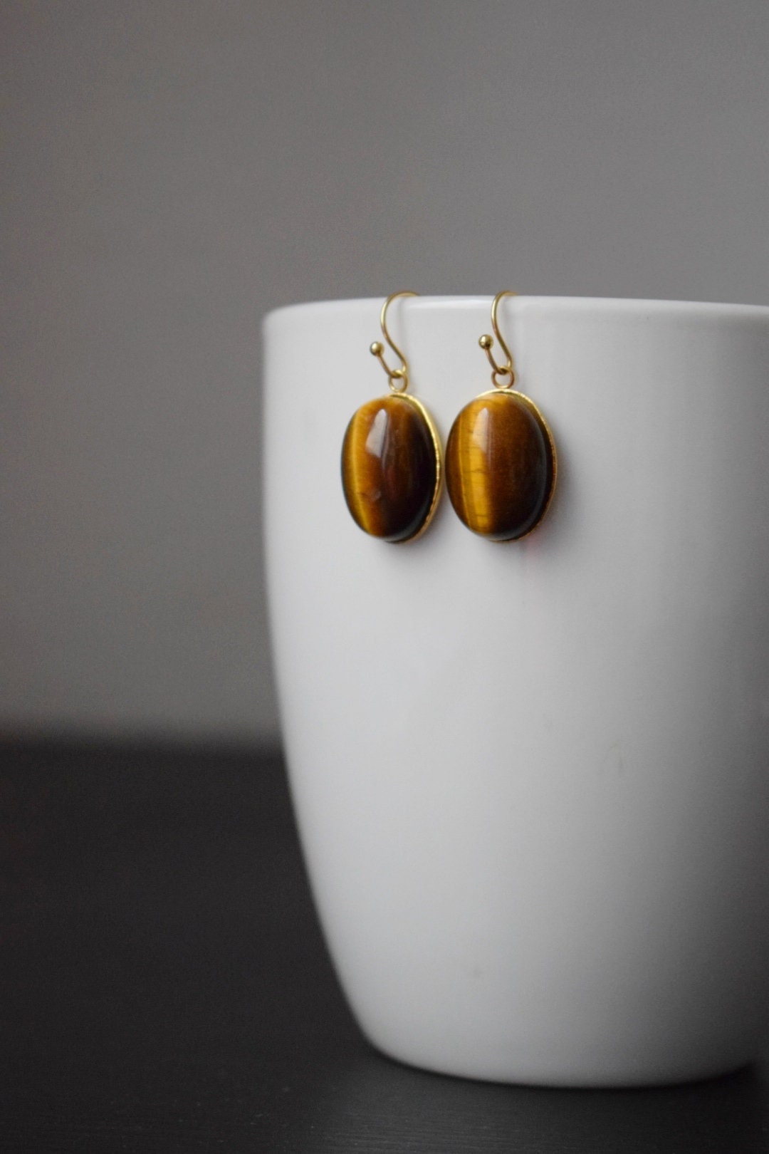 Oval Tiger's Eye Earrings Gold, Gemstone dangle earrings, Gold brown stone hanging earrings, Chakra, Healing stone, Tiger eye jewelry, Gift