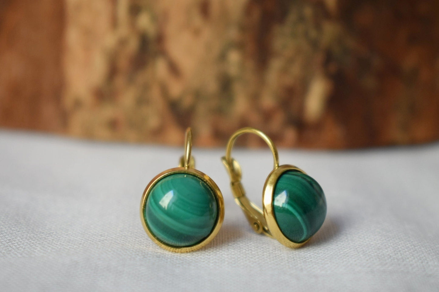 Natural Malachite Earrings Gold, 10mm Dangle Earrings, Small, Minimalist, Green Gemstone, Lever back, Malachite Jewelry, Birthstone Earrings
