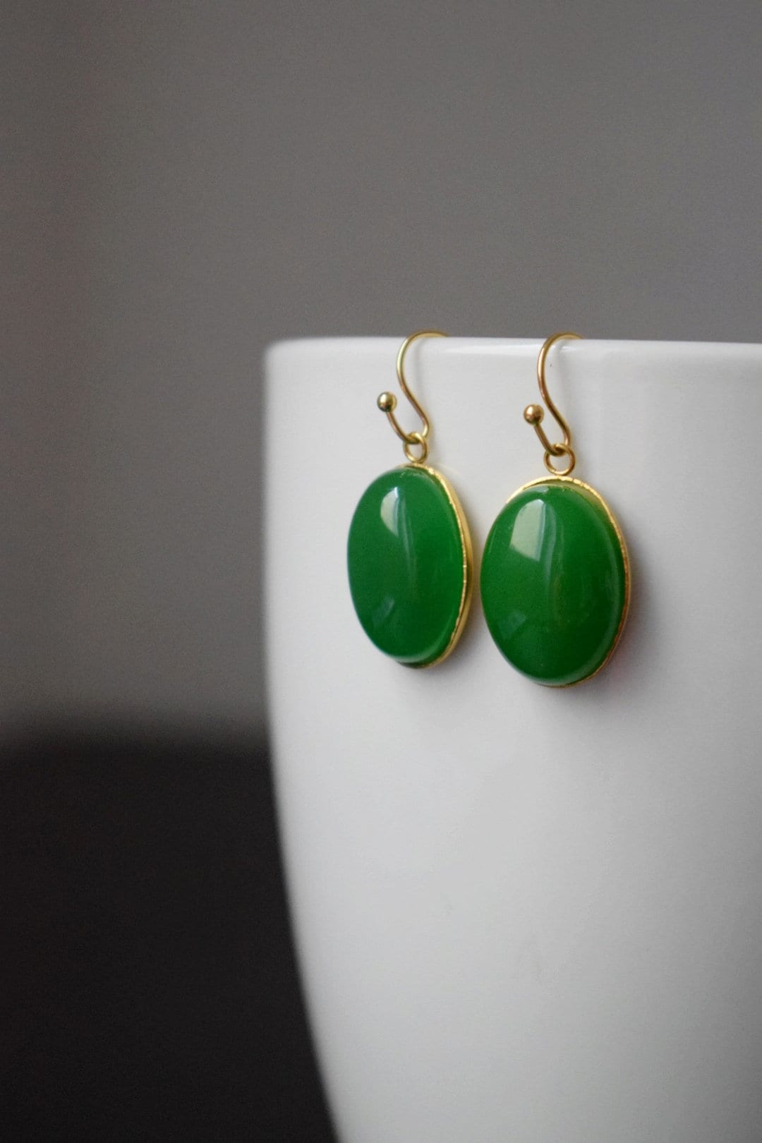 Green jade earrings gold, Statement oval dangle earrings, Green gemstone drop earrings, Stone hanging pendant earrings, Jewelry gift for her