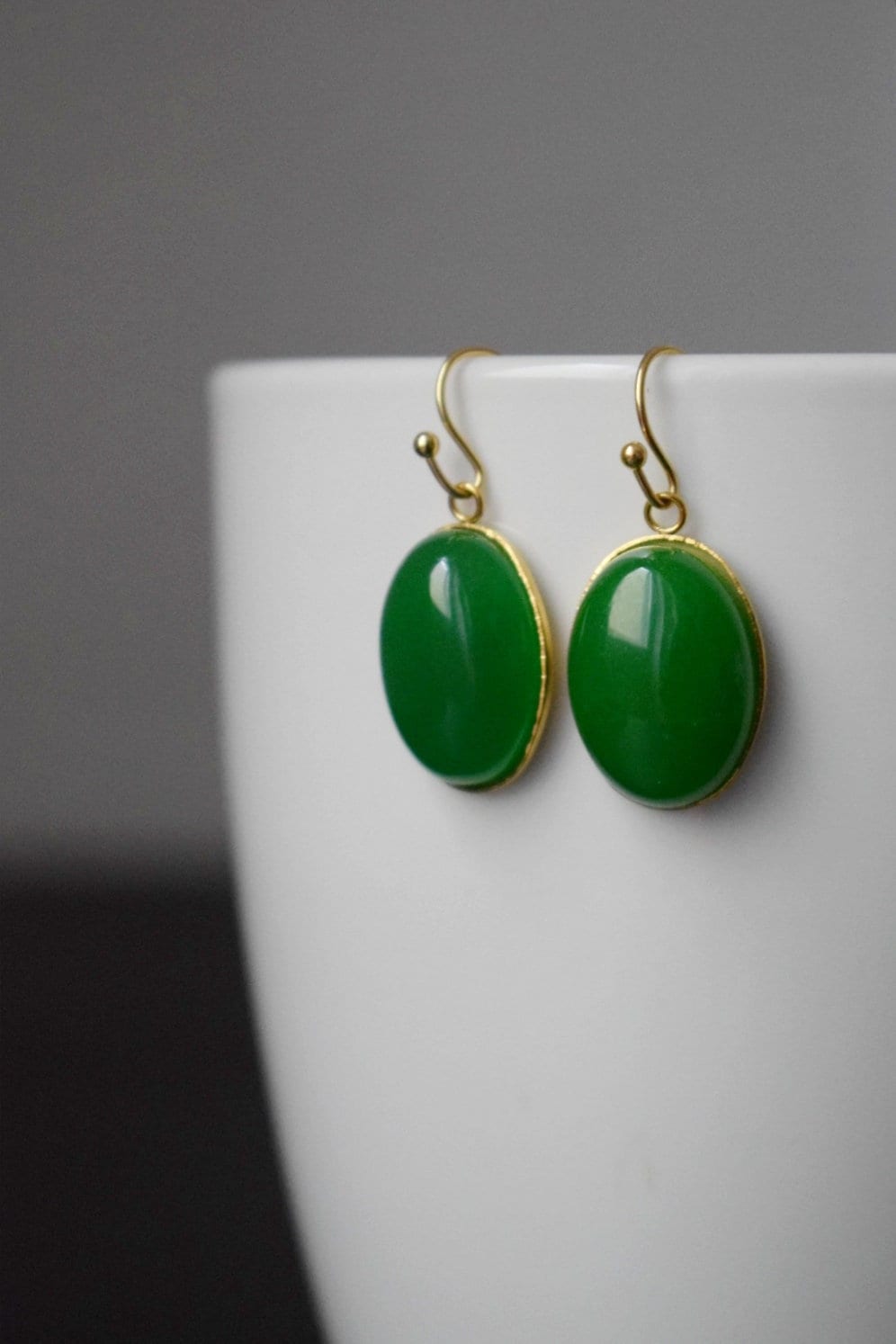 Green jade earrings gold, Statement oval dangle earrings, Green gemstone drop earrings, Stone hanging pendant earrings, Jewelry gift for her