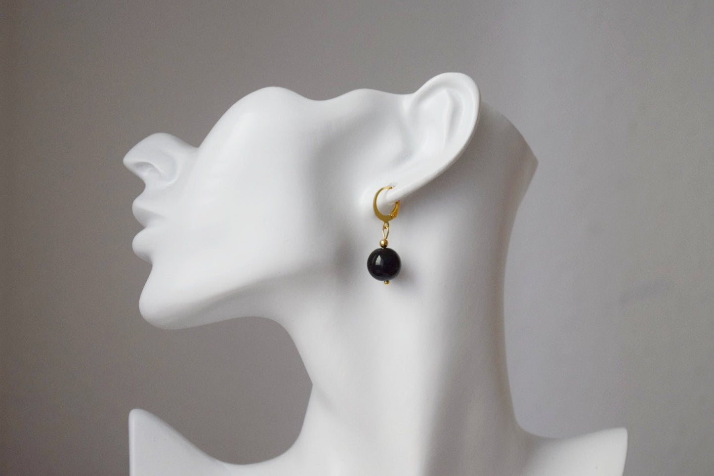 Black Agate Huggie Earrings, Gemstone Bead Hoop Earrings, Black Gold Color Earrings, Hanging Ball Stone Earrings, Jewelry Gift For Her