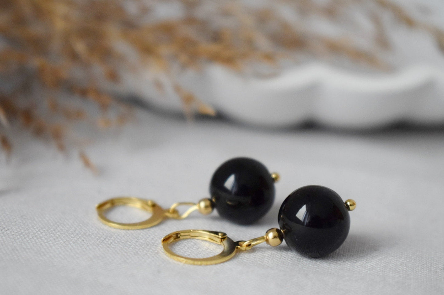 Black Agate Huggie Earrings, Gemstone Bead Hoop Earrings, Black Gold Color Earrings, Hanging Ball Stone Earrings, Jewelry Gift For Her
