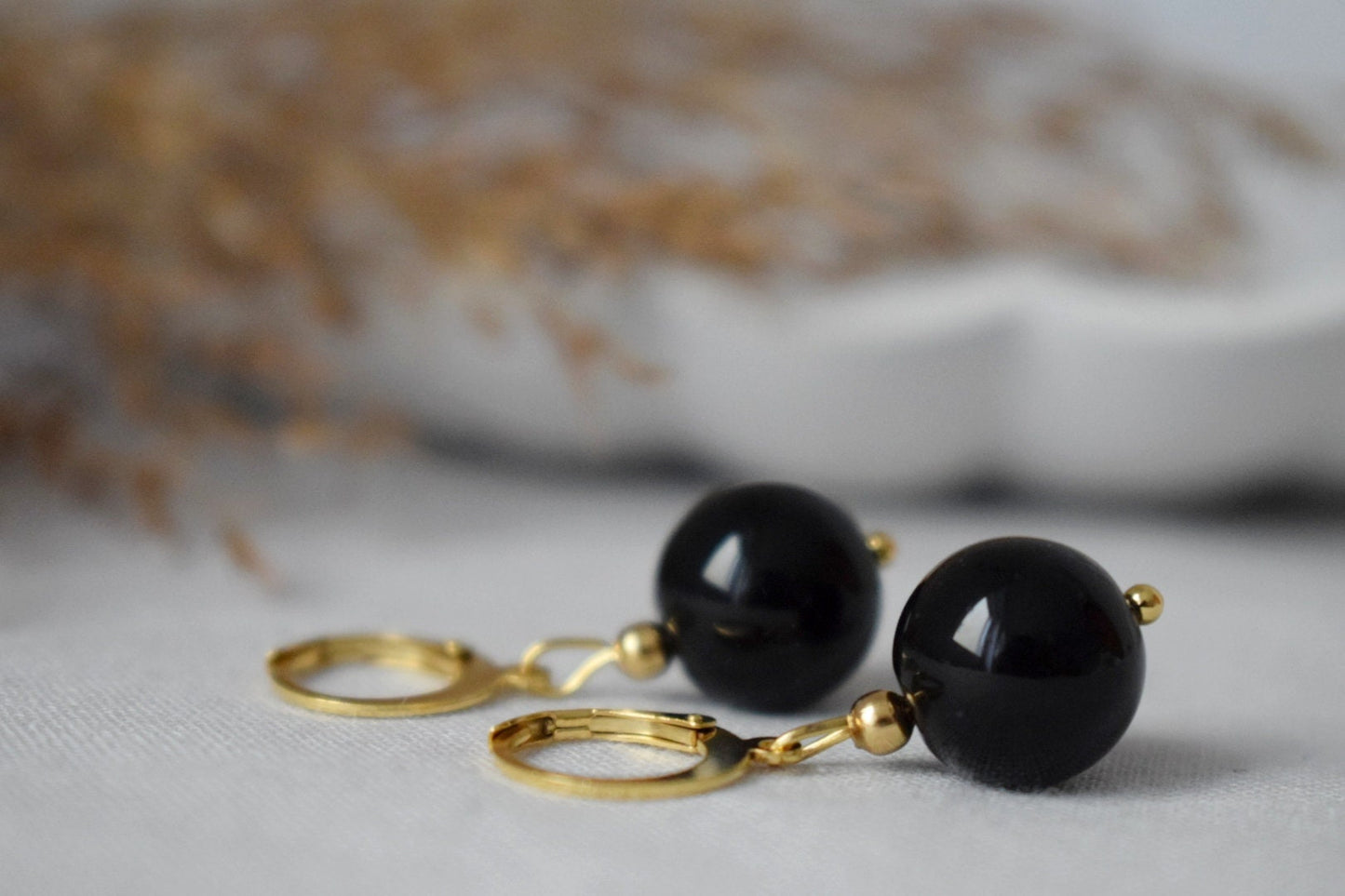 Black Agate Huggie Earrings, Gemstone Bead Hoop Earrings, Black Gold Color Earrings, Hanging Ball Stone Earrings, Jewelry Gift For Her