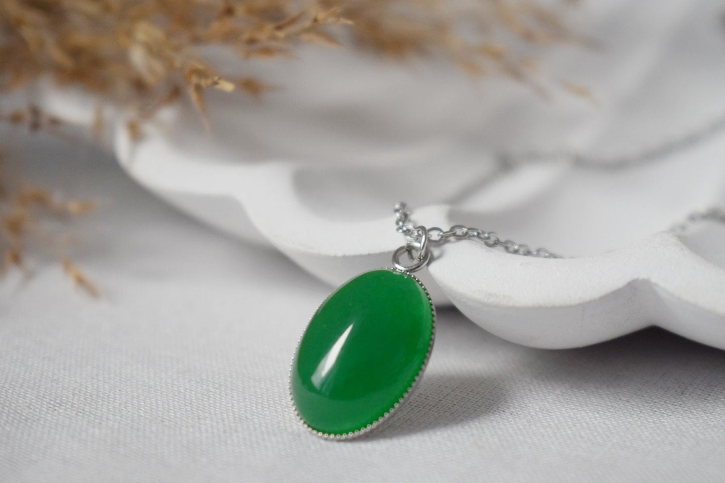 Green jade pendant necklace silver for women, Oval, Green necklace, Green gemstone necklace, Jade pendant, Handmade jewelry gift for her