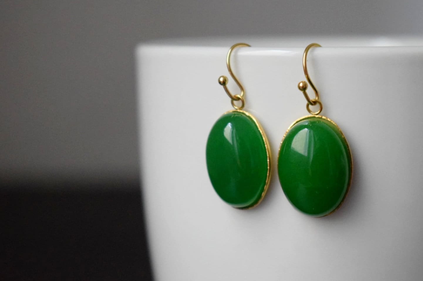 Green jade earrings gold, Statement oval dangle earrings, Green gemstone drop earrings, Stone hanging pendant earrings, Jewelry gift for her