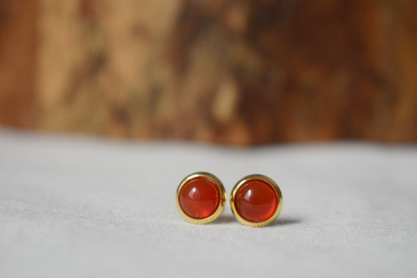 Mini carnelian stud earrings, Gold gemstone earrings, Small round studs, Stainless steel, Red, Carnelian jewelry, Christmas gift for her