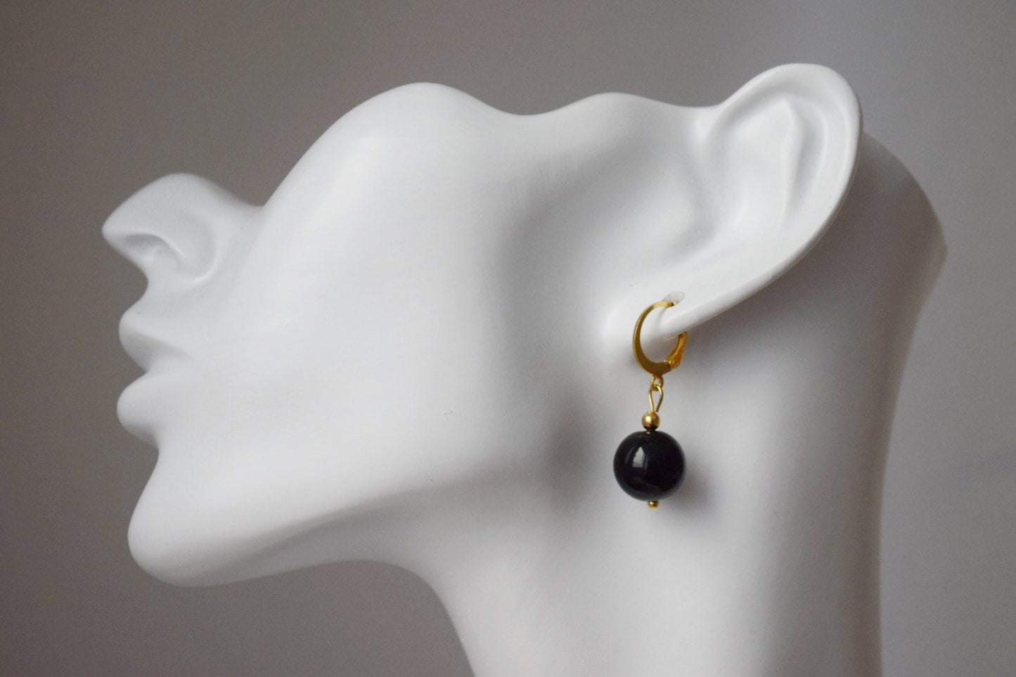 Black Agate Huggie Earrings, Gemstone Bead Hoop Earrings, Black Gold Color Earrings, Hanging Ball Stone Earrings, Jewelry Gift For Her