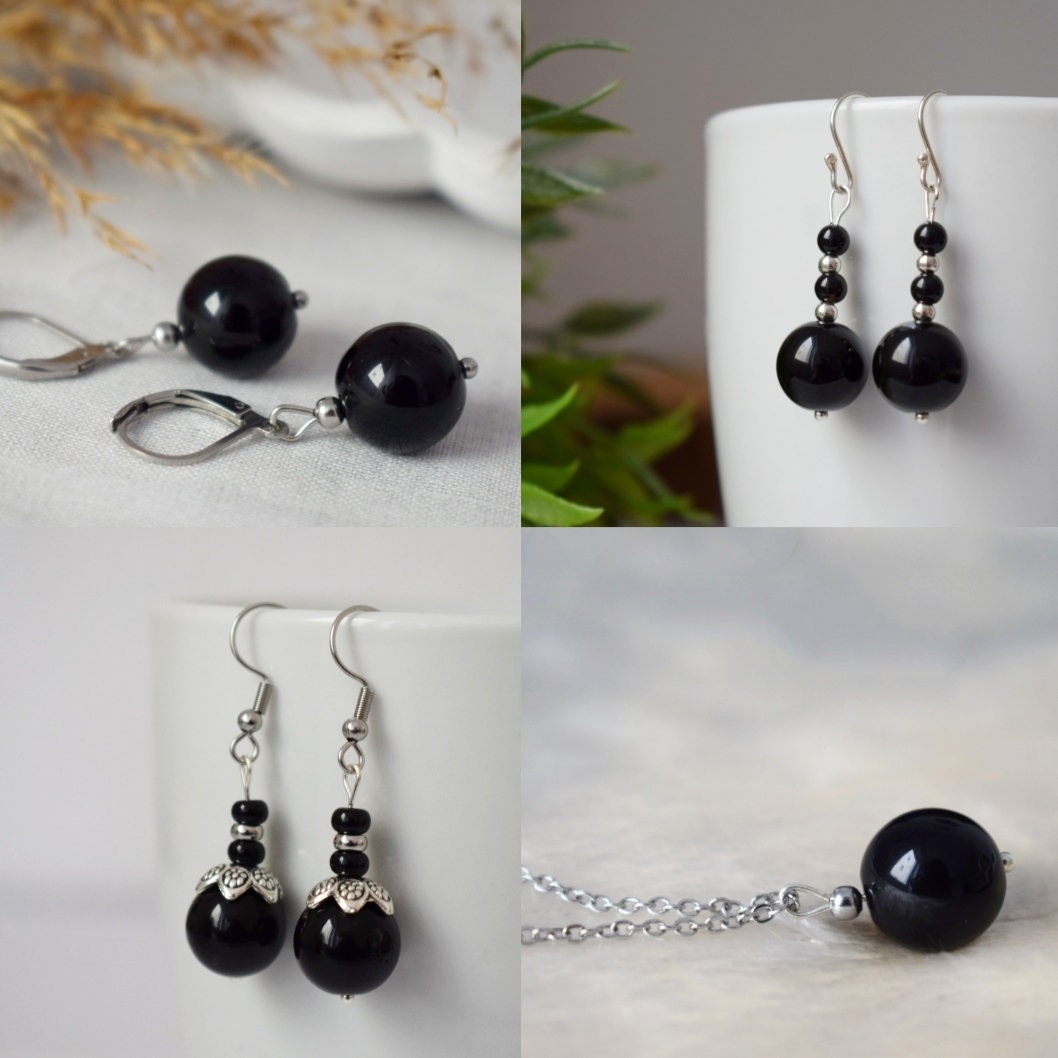 Black Agate Huggie Earrings, Gemstone Bead Hoop Earrings, Black Gold Color Earrings, Hanging Ball Stone Earrings, Jewelry Gift For Her