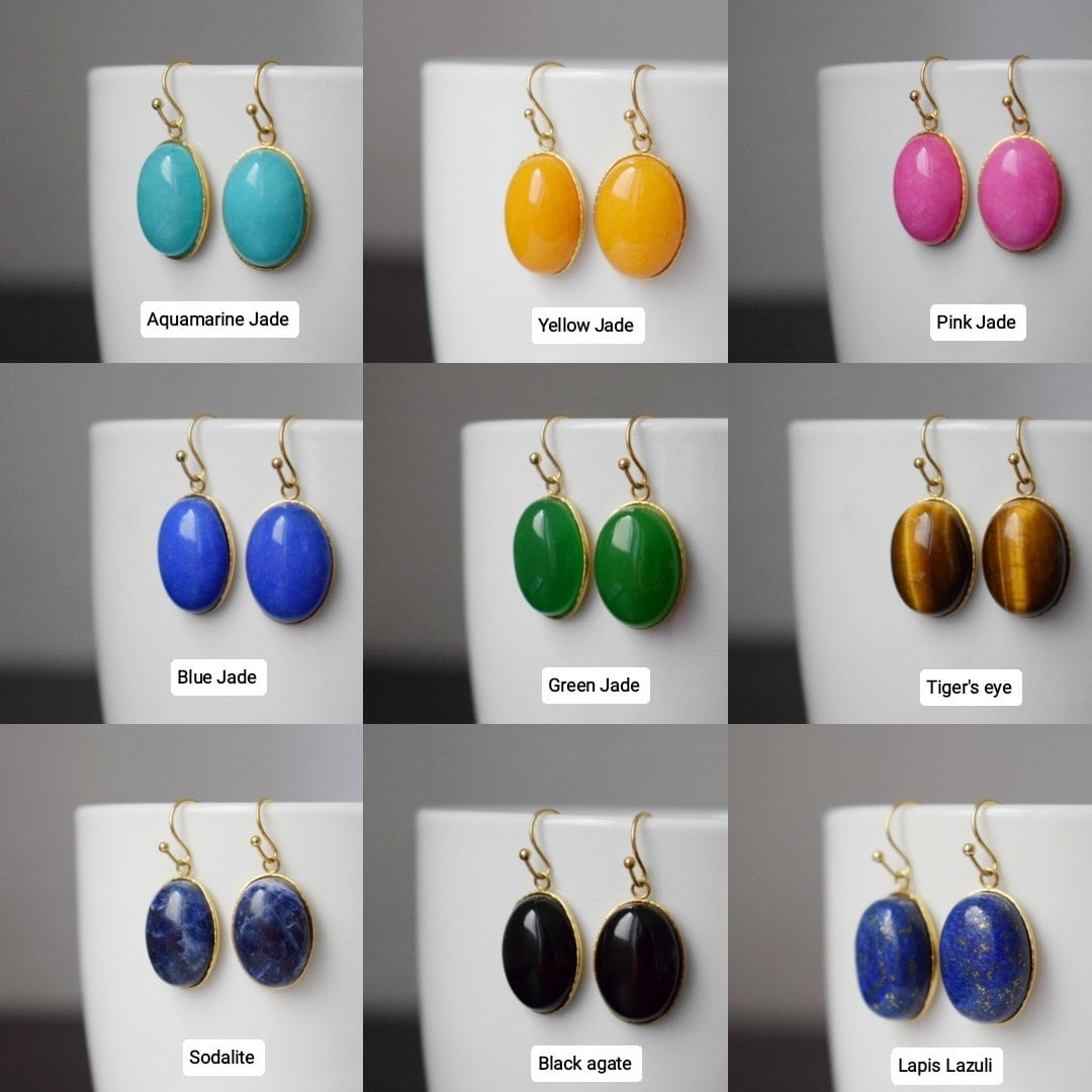 Yellow Jade Gemstone Earrings, Boho Chic Golden Huggie Hoops, Dangle Drop Stone Earrings For Women, Lightweight Jewelry, Gift For Her