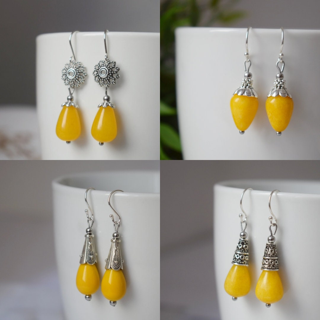 Yellow jade earrings, Yellow silver color huggies, Gemstone drop and dangle earrings, Boho, Yellow enamel pendant, Jewelry gift for women