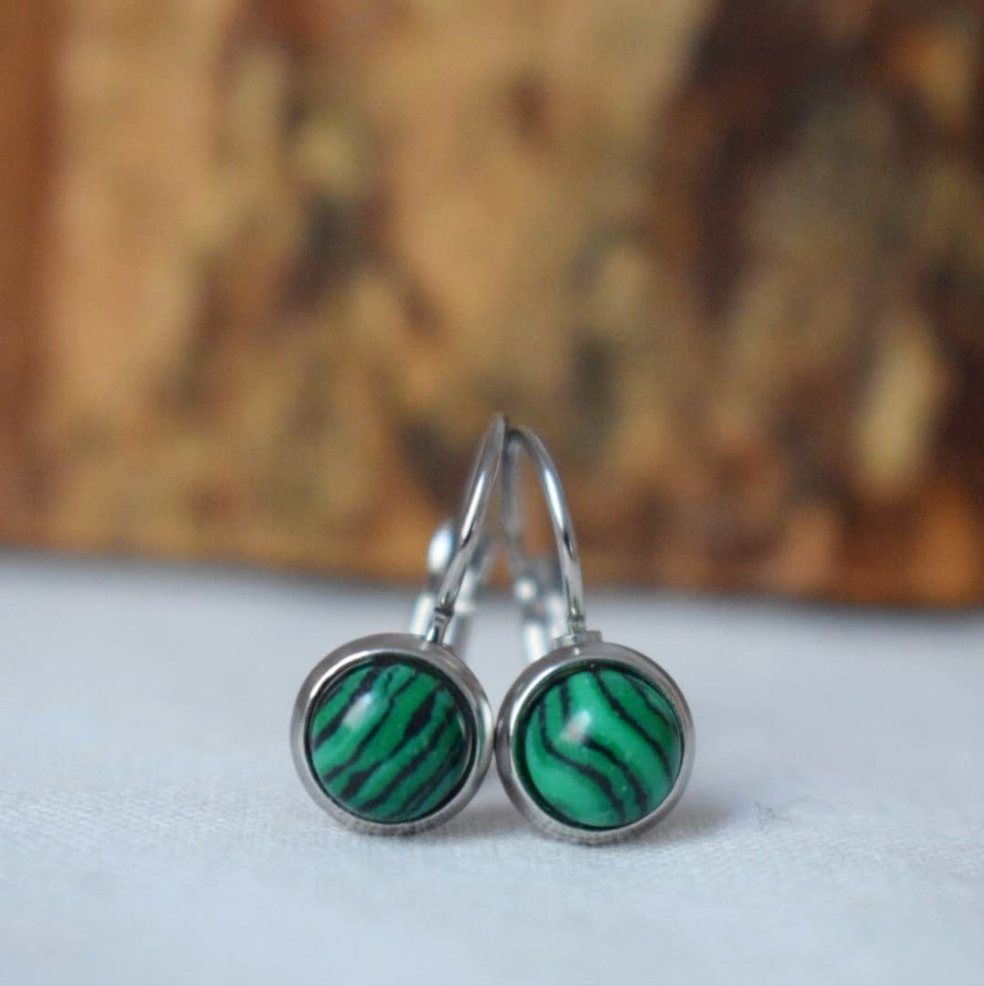 Malachite Dangle Earrings, Green Gemstone Earrings, 10mm Lever back Earrings, Small Boho Earrings, Malachite Jewelry, Gift For Her