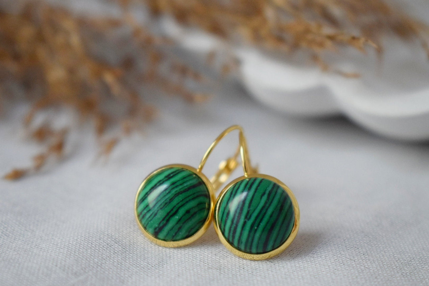 Malachite Dangle Earrings, Small Green Gemstone Earrings, Boho Leverback Earrings, 18k Gold Plated Stainless Steel Jewelry, Gift For Her