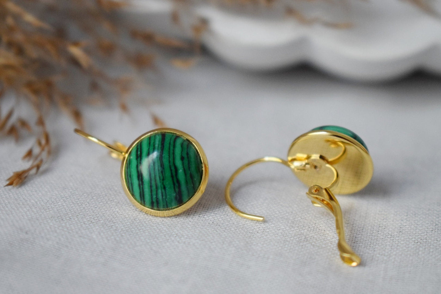 Malachite Dangle Earrings, Small Green Gemstone Earrings, Boho Leverback Earrings, 18k Gold Plated Stainless Steel Jewelry, Gift For Her