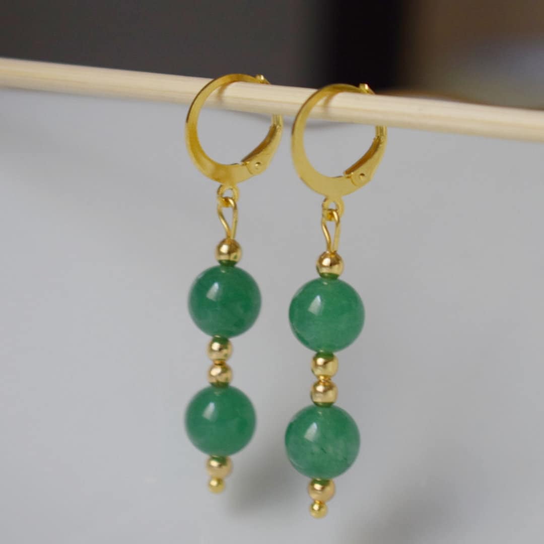 Green aventurine earrings, Green huggies, Gemstone gold dangle earrings, Green beads earrings, Hanging stone earrings, Aventurine jewelry