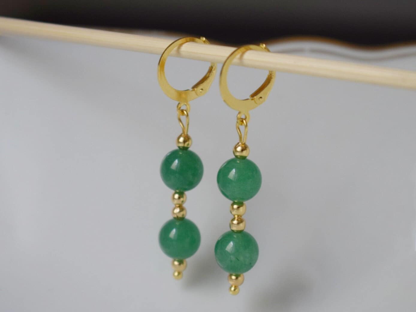 Green aventurine earrings, Green huggies, Gemstone gold dangle earrings, Green beads earrings, Hanging stone earrings, Aventurine jewelry