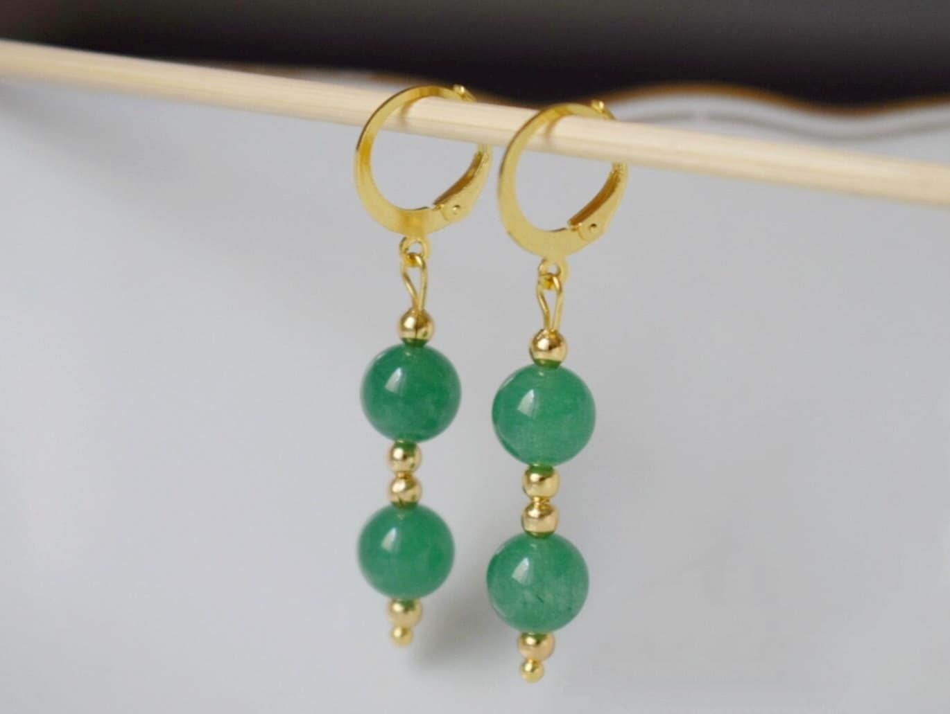 Green aventurine earrings, Green huggies, Gemstone gold dangle earrings, Green beads earrings, Hanging stone earrings, Aventurine jewelry