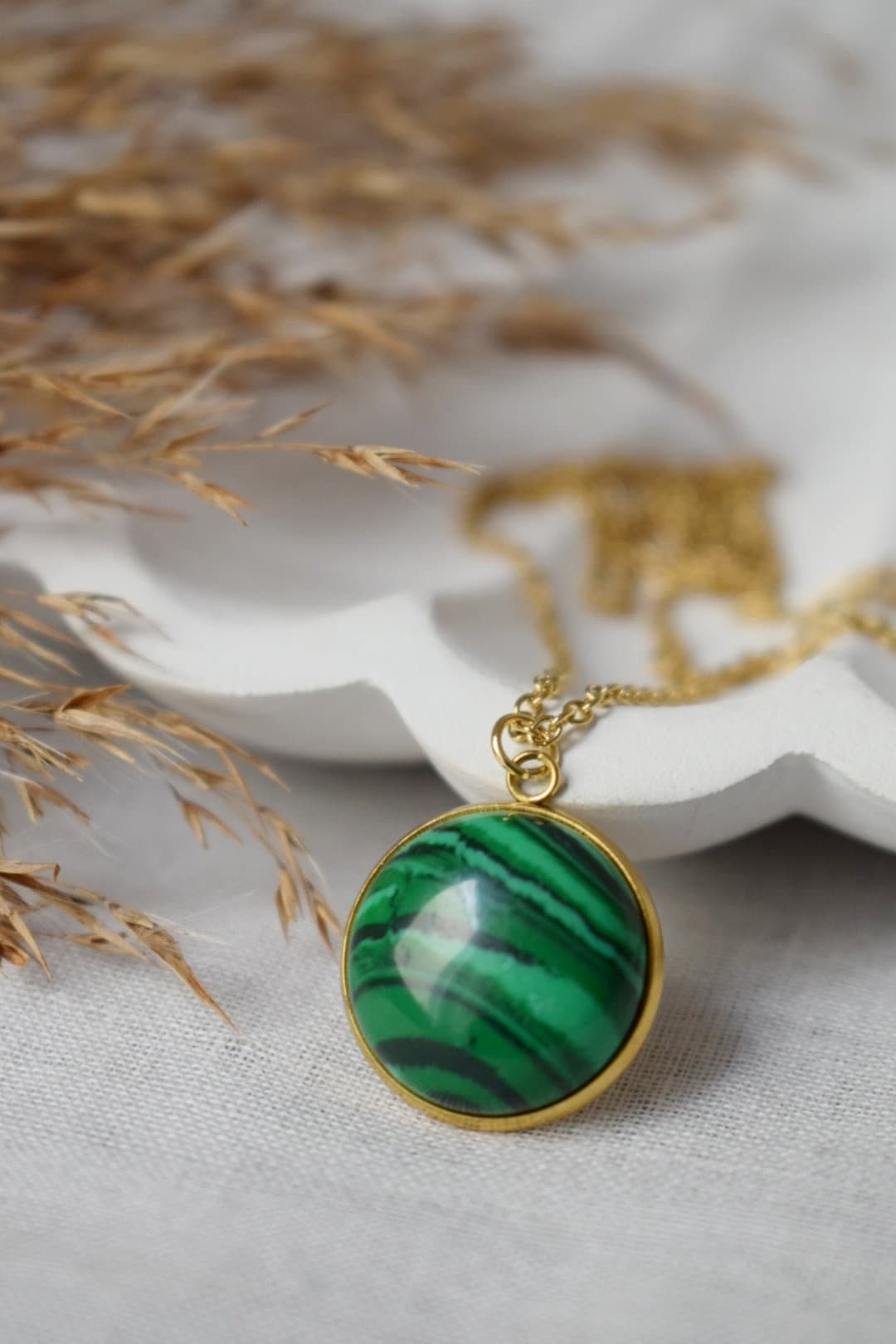 Malachite necklace gold, Green Gemstone round pendant necklace for women, Boho Handmade jewelry, Gift for her