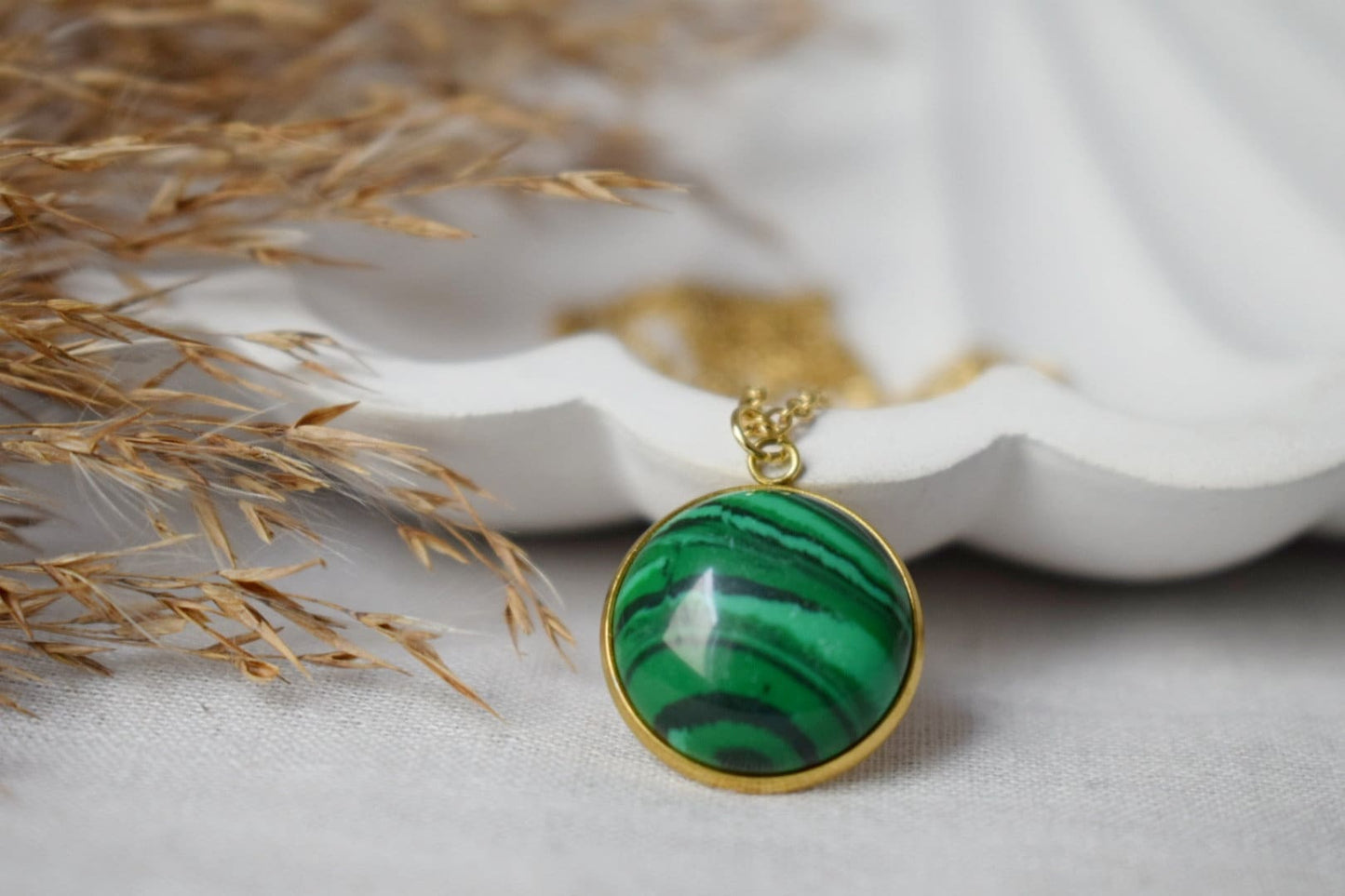 Malachite necklace gold, Green Gemstone round pendant necklace for women, Boho Handmade jewelry, Gift for her