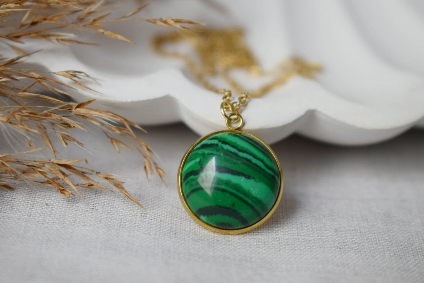 Malachite necklace gold, Green Gemstone round pendant necklace for women, Boho Handmade jewelry, Gift for her