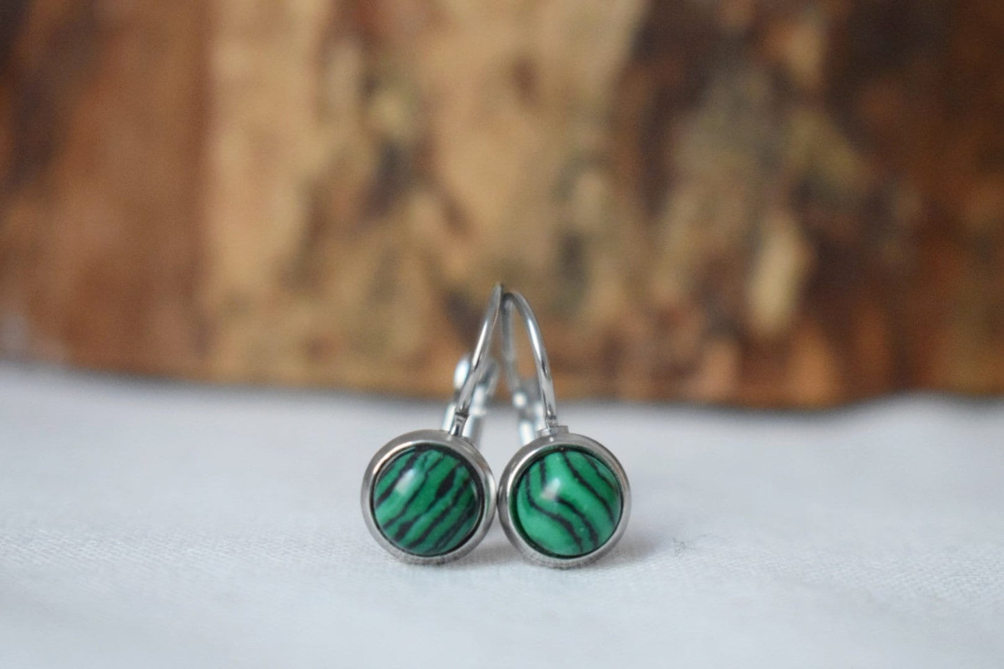 Malachite Dangle Earrings, Green Gemstone Earrings, 10mm Lever back Earrings, Small Boho Earrings, Malachite Jewelry, Gift For Her