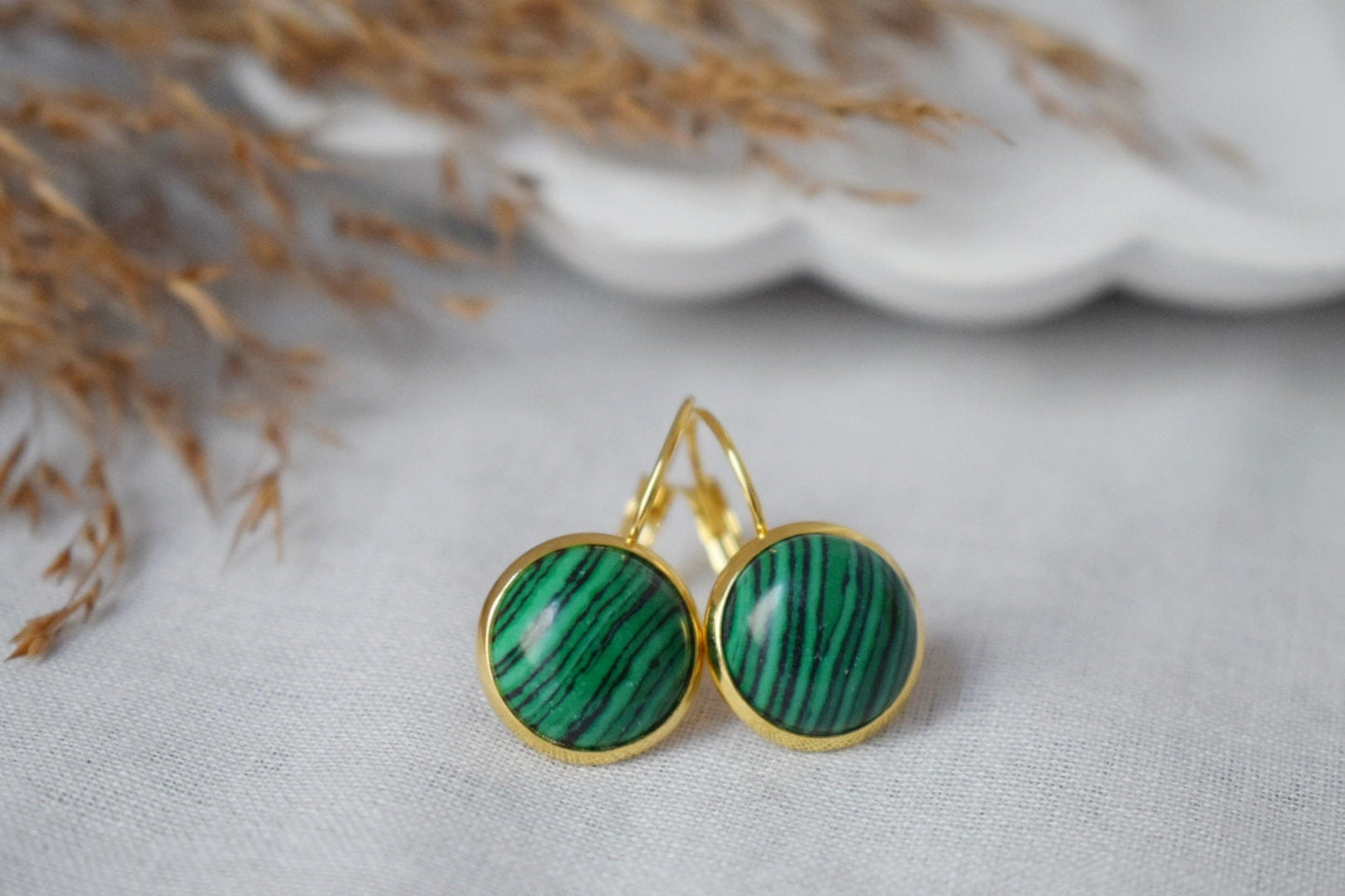 Malachite Dangle Earrings, Small Green Gemstone Earrings, Boho Leverback Earrings, 18k Gold Plated Stainless Steel Jewelry, Gift For Her