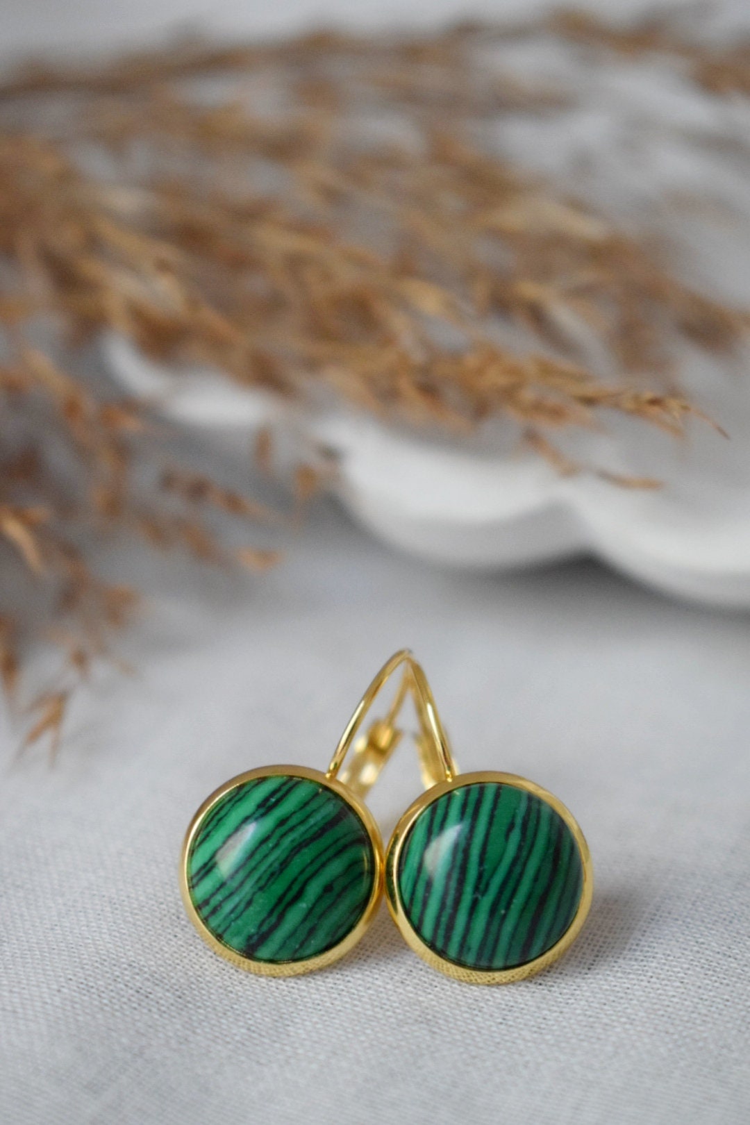 Malachite Dangle Earrings, Small Green Gemstone Earrings, Boho Leverback Earrings, 18k Gold Plated Stainless Steel Jewelry, Gift For Her