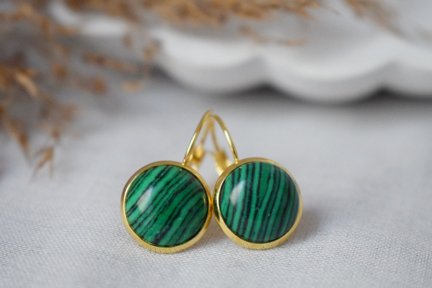 Malachite Dangle Earrings, Small Green Gemstone Earrings, Boho Leverback Earrings, 18k Gold Plated Stainless Steel Jewelry, Gift For Her